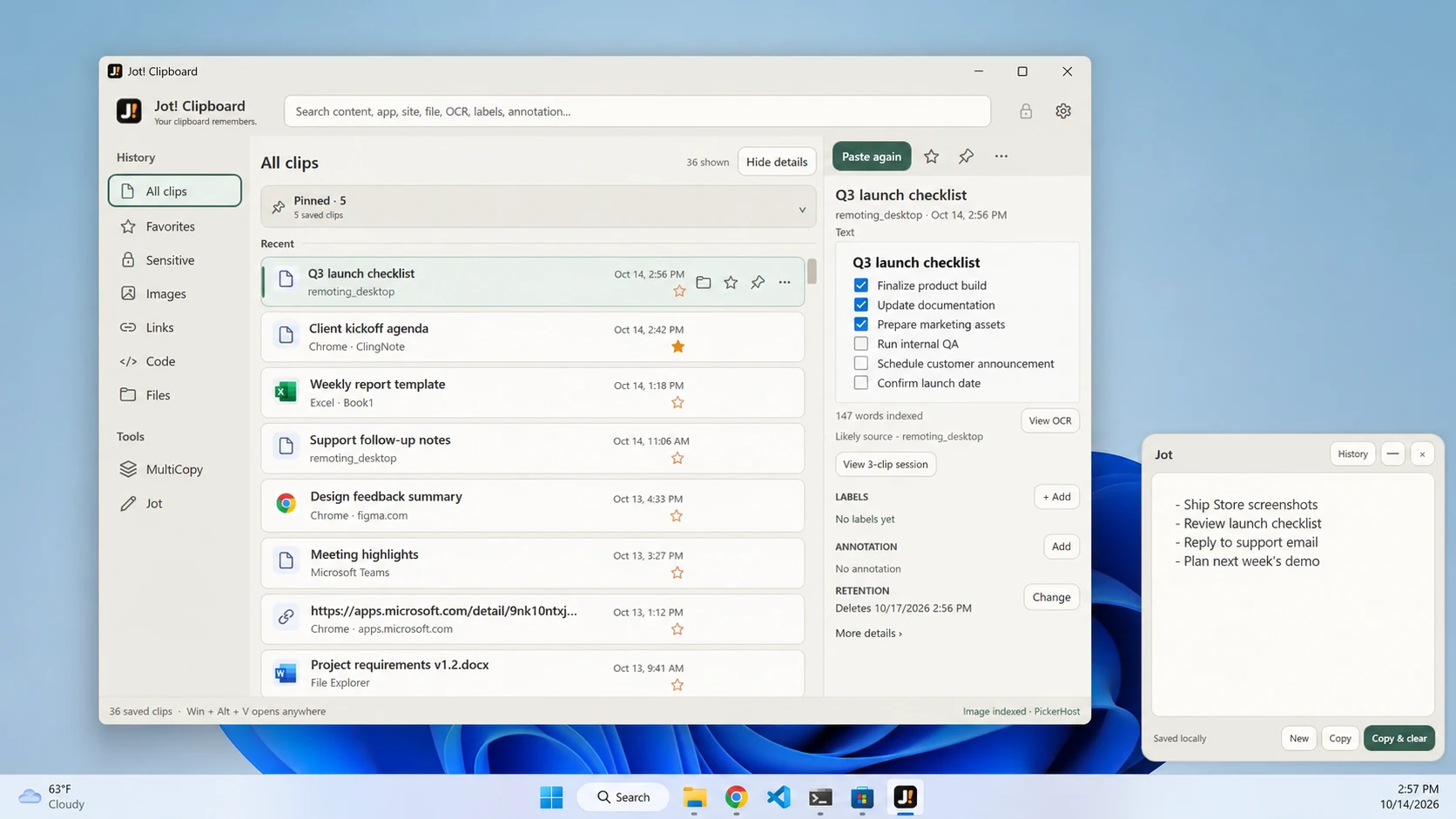Jot Clipboard history and floating note pad on a Windows desktop