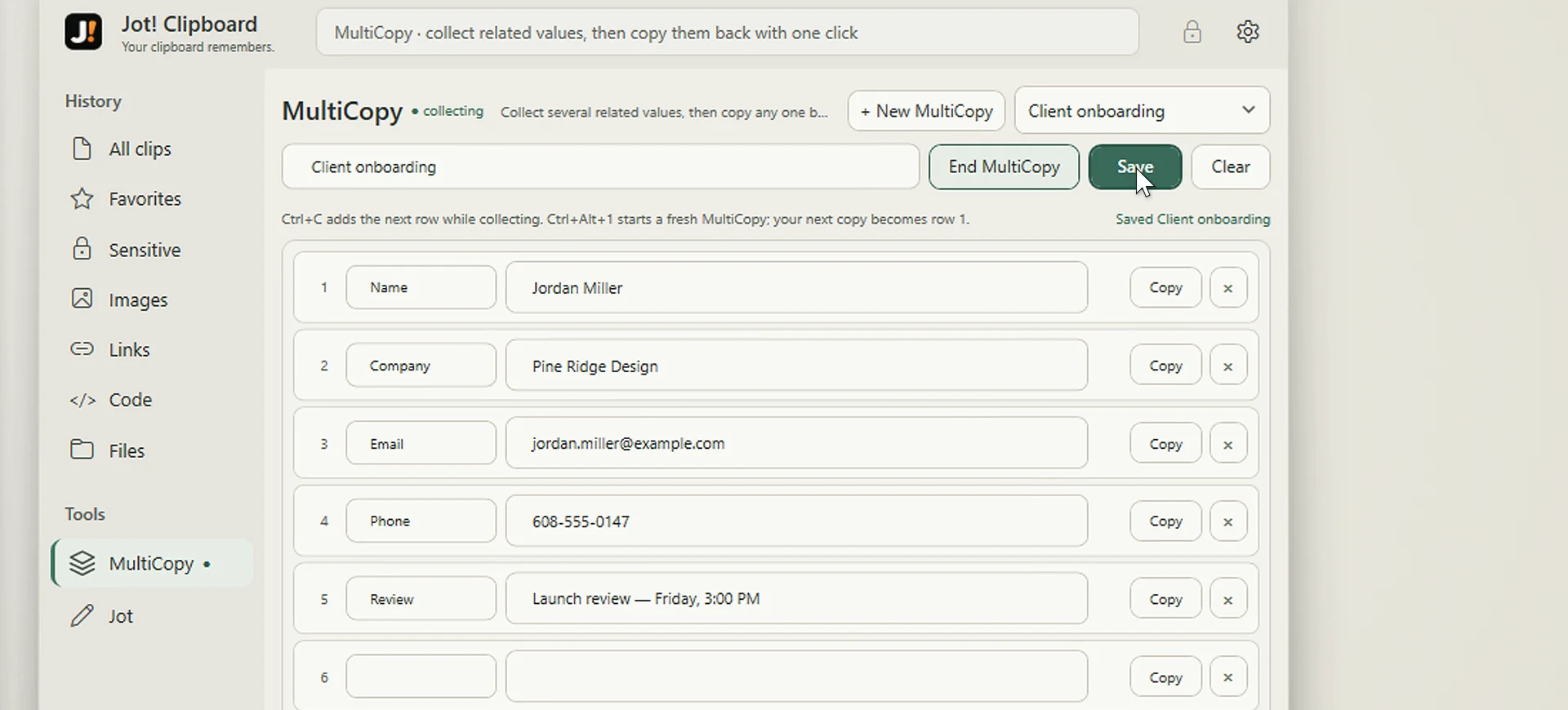 Real Jot! MultiCopy collecting a fictional client's details into reusable rows
