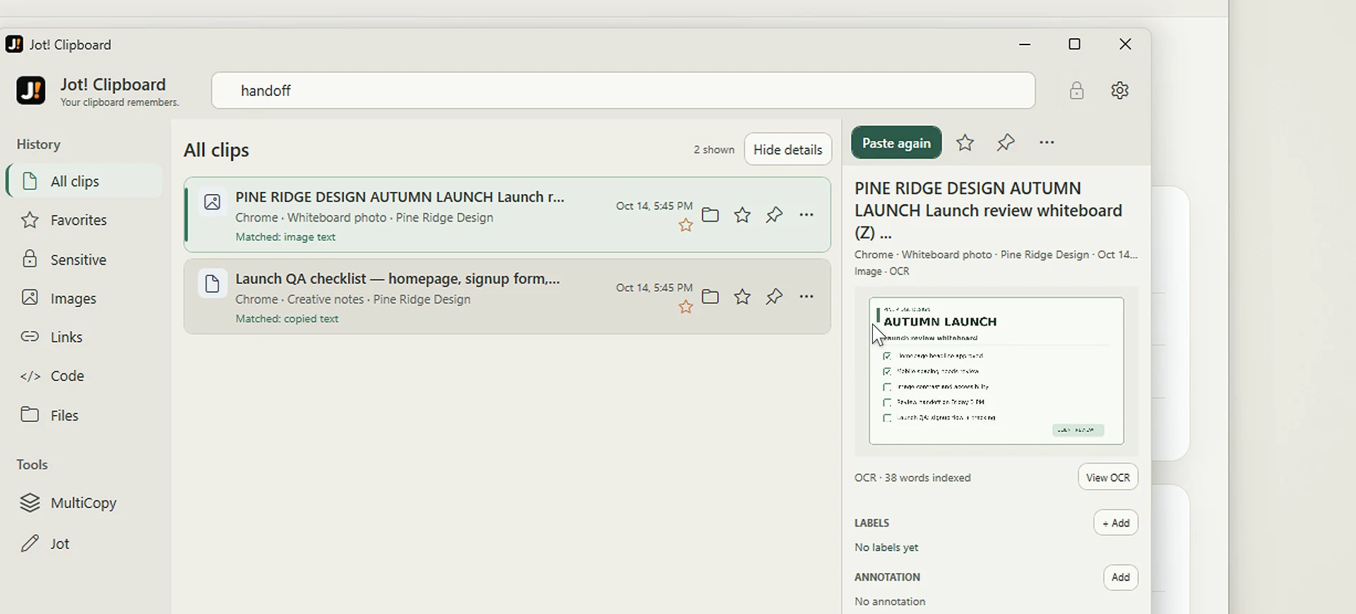 Jot! searching copied content, including words found in images through OCR